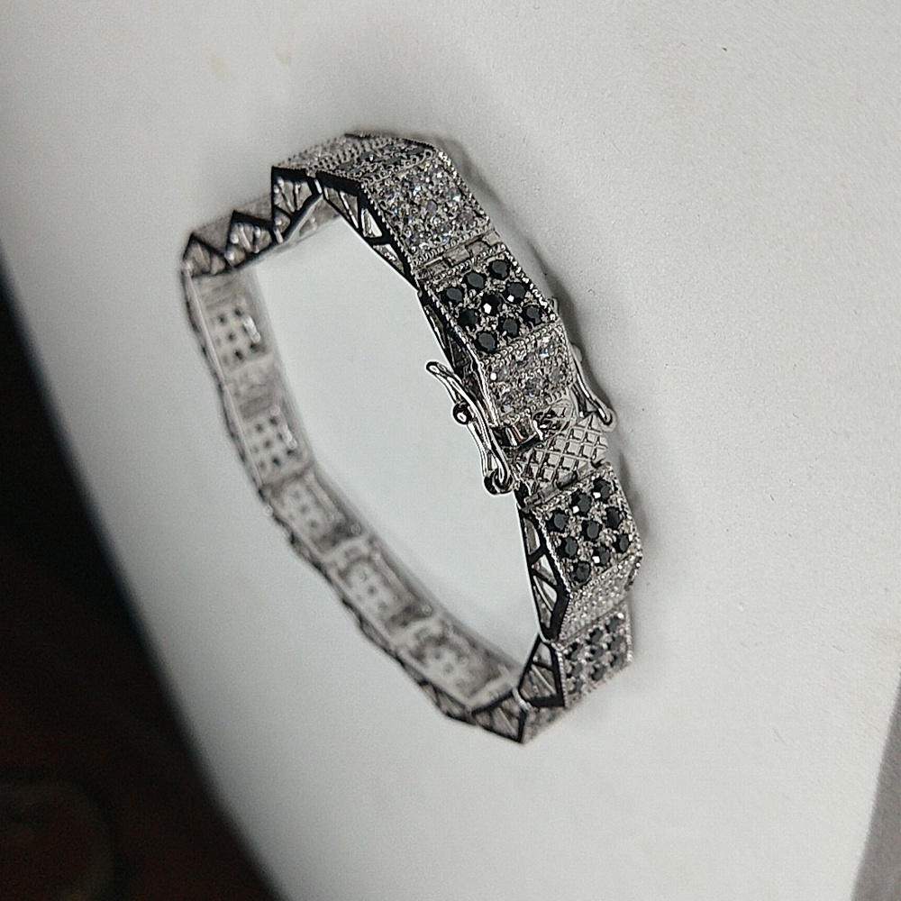 CZ black and white (clear) stone pave bracelet 925 sterling silver